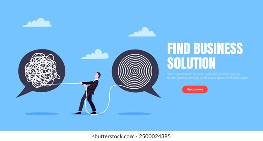 Unravel business chaos process with tangle difficult problem mess business concept flat style design vector illustration. Chaos to order, complex to simple metaphor with person trying solve mess cable