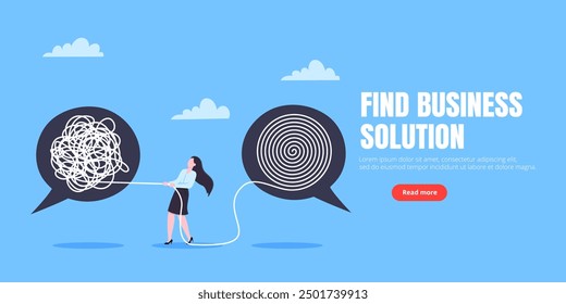 Unravel business chaos process with tangle difficult problem mess business concept flat style design vector illustration. Chaos to order, complex to simple metaphor with person trying solve mess cable