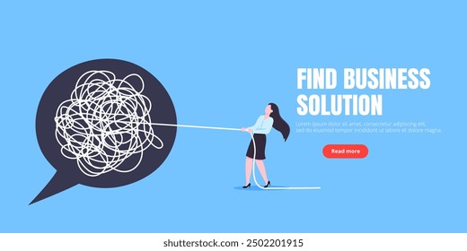 Unravel business chaos process with tangle difficult problem mess business concept flat style design vector illustration. Chaos to order, complex to simple metaphor with person trying solve mess cable