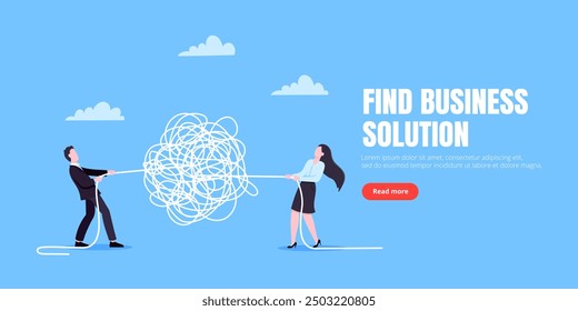 Unravel business chaos process with tangle difficult problem mess business concept flat style design vector illustration. Chaos to order, complex to simple metaphor with person trying solve mess cable