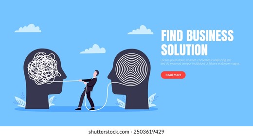 Unravel business chaos process with tangle difficult problem mess business concept flat style design vector illustration. Chaos to order, complex to simple metaphor with person trying solve mess cable