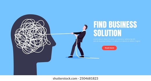 Unravel business chaos process with tangle difficult problem mess business concept flat style design vector illustration. Chaos to order, complex to simple metaphor with person trying solve mess cable