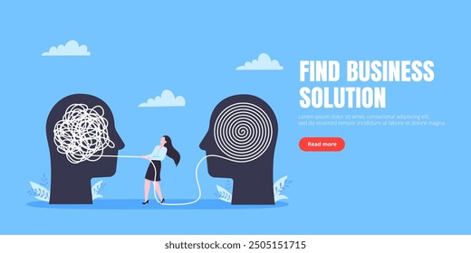 Unravel business chaos process with tangle difficult problem mess business concept flat style design vector illustration. Chaos to order, complex to simple metaphor with person trying solve mess cable