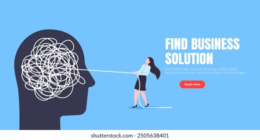 Unravel business chaos process with tangle difficult problem mess business concept flat style design vector illustration. Chaos to order, complex to simple metaphor with person trying solve mess cable