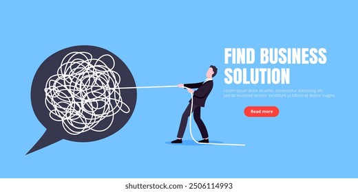 Unravel business chaos process with tangle difficult problem mess business concept flat style design vector illustration. Chaos to order, complex to simple metaphor with person trying solve mess cable