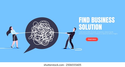 Unravel business chaos process with tangle difficult problem mess business concept flat style design vector illustration. Chaos to order, complex to simple metaphor with person trying solve mess cable