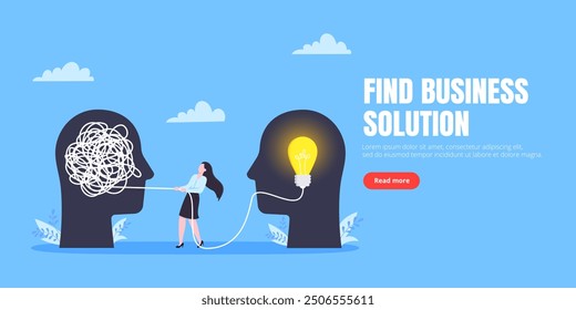 Unravel business chaos process with tangle difficult problem mess business concept flat style design vector illustration. Chaos to order, complex to simple metaphor with person trying solve mess cable