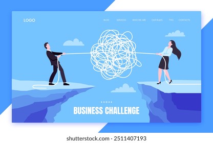 Unravel business chaos process with tangle difficult problem mess business concept flat style design vector illustration. Chaos to order, complex to simple metaphor with people trying solve mess cable