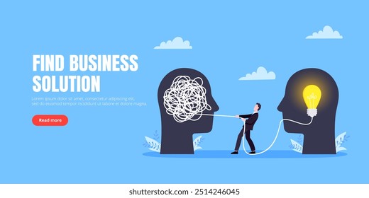 Unravel business chaos process with tangle difficult problem mess business concept flat style design vector illustration. Chaos to order, complex to simple metaphor with person trying solve mess cable