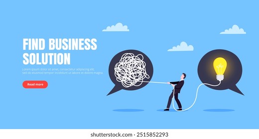 Unravel business chaos process with tangle difficult problem mess business concept flat style design vector illustration. Chaos to order, complex to simple metaphor with person trying solve mess cable