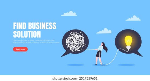 Unravel business chaos process with tangle difficult problem mess business concept flat style design vector illustration. Chaos to order, complex to simple metaphor with person trying solve mess cable