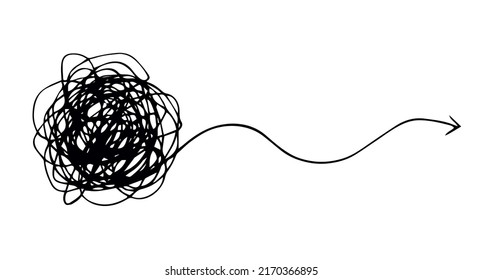 Unravel circular solve hard brain decision job way text space. Black pen hand drawn life path cable wire cord rope pull loop object circle ball shape change task art doodle cartoon logo design style