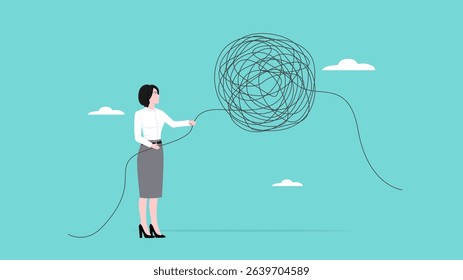 unravel complex problem, reduce business chaos problems by solving them gradually, business woman pulling messy strings to untangle problems concept vector illustration