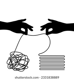 Unravel the mess. Hands unravel the ball of thread. The concept of psychotherapy and psychology. Help in solving problems. Putting in order, structuring, straightening.