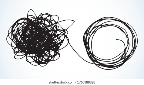 Unravel Solve Hard Brain Decision Job Way White Text Space. Outline Black Pen Hand Drawn Finance Life Path Cable Wire Cord Rope Pull Loop Circle Ball Shape Change Task Art Doodle Scribble Cartoon Logo