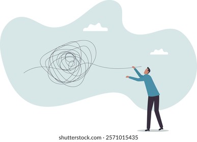 Unravel tangle problem, solving difficult knot chaos or messy issue, complicated or complex problem difficulty, confusion or business trouble.business concept.flat character.