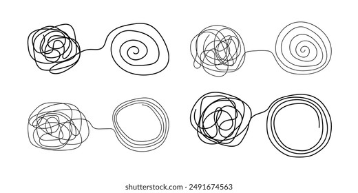 Unraveling line, single thread. Chaos and order business concept vector illustration isolated on white background.  Untangling lines set. Abstract tangled disorder line turns into spiral order line.