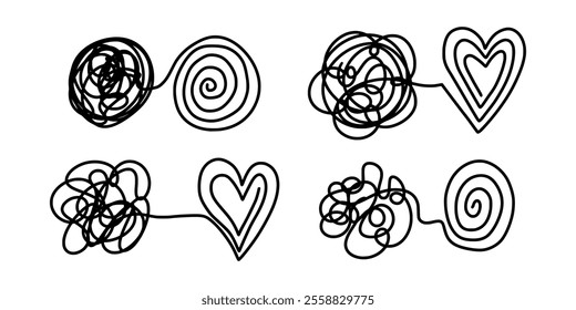 Unraveling line, single thread. Chaos and order business concept vector illustration.  Untangling lines set. Abstract tangled disorder line turns into spiral order line, and into heart shape