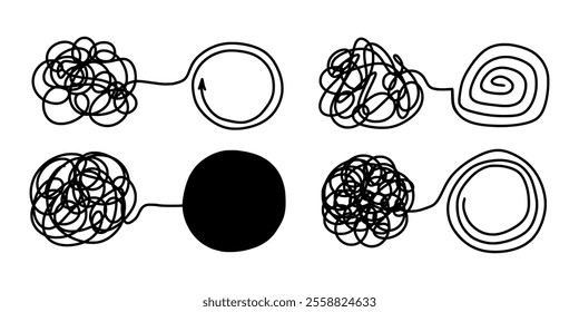 Unraveling line, single thread. Untangling lines set. Abstract tangled disorder line turns into spiral order line.  Chaos and order business concept vector illustration isolated on white background.