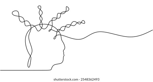 An unraveling mind, depicted as a head with thread slowly unwinding in a continuous one line drawing, symbolizing the process of mental release and letting go in psychology.