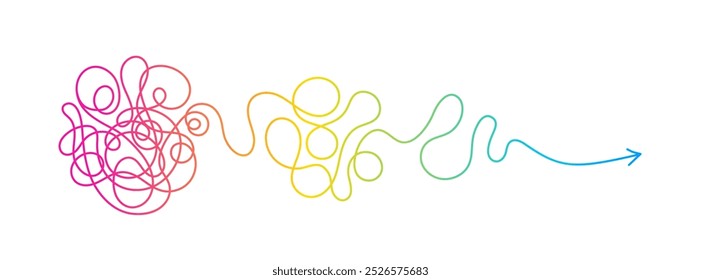 Unraveling tangled tangle. Complicated way. Process of problem simplifying, chaos and mess. Vector illustration of confusion to clarity step by step, psychotherapy path for mental health