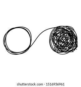 Unraveling tangled tangle. Metaphor of problem solving, difficult situation, chaos and mess.with handdrawn doodle style vector