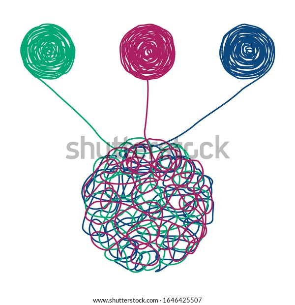 Unraveling tangled\
tangle. Psychotherapy concept. Metaphor of problem solving, chaos\
and mess, difficult situation. Psychologist unravels tangled tangle\
untangled. Vector\
illustration