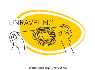 Unraveling therapy or strategy concept - human hands unravel the tangle in outline decoration - isolated vector banner or poster element