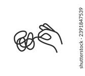 Unravelling a thread, linear icon. The hand pulls the tangled thread. Line with editable stroke