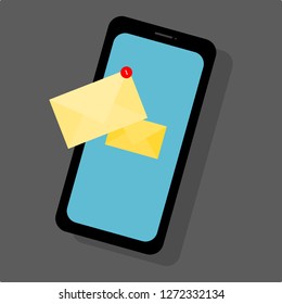 unread email or new text message notification alert on screen of black smartphone; online digital communication concept