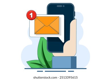 Unread email notification concept. New message on device screen. Online chat. Email message inbox notification. Envelope with new message. Email marketing, Vector illustration.
