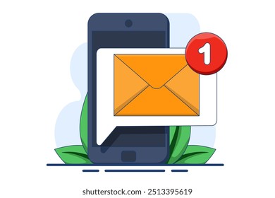 Concepto de notificación de correo electrónico no leído. Nuevo mensaje en la pantalla del dispositivo. Chat en línea. Notificación de la bandeja de entrada de mensajes de correo electrónico. Sobre con nuevo mensaje. Email marketing, Ilustración vectorial.