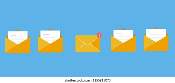 Unread Email notification message, with buble number new email. flat vector  illustration envelope with document and long shadow
