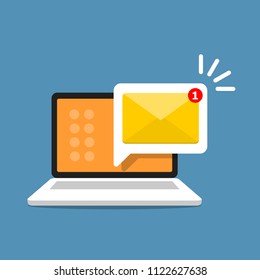 Unread email notification. New message on the laptop screen. Vector illustration.