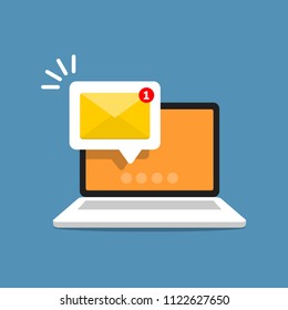 Unread email notification. New message on the laptop screen. Vector illustration.