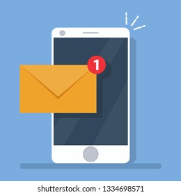 Unread email notification. New message on the smartphone screen. Flat design, vector.