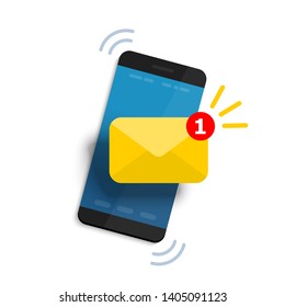 Unread email notification. New message on the smartphone screen. Vector illustration with realistic shadow.