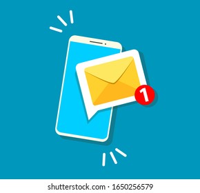 Unread email notification. New message on the smartphone screen. Vector illustration.