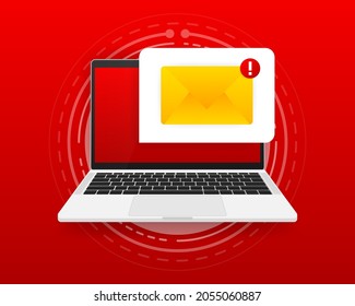 Unread email notification. One new error message on the laptop screen. Online chat. Vector illustration.