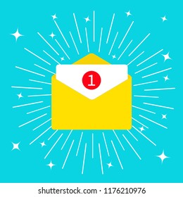 Unread mail notification with number marker. Email icon. Shining sparkle effect. Yellow paper envelope. Open letter template. New message sign symbol. One Message. Flat design. Blue background. Vector