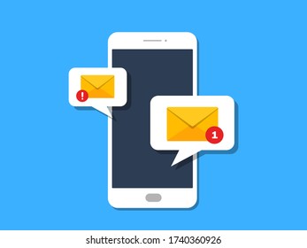 Unread message illustration. Envelope on a smartphone screen. New email notification. Flat style.