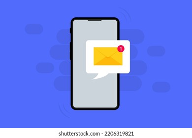 Unread notification on the smartphone screen. New Incoming message. Message icon bubble on the smartphone screen. Vector illustration of Notification of one new message on the smartphone screen.