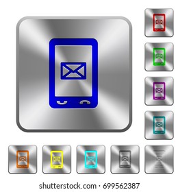 Unread SMS message engraved icons on rounded square glossy steel buttons