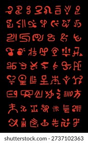 Unreadable Alien Alphabet Letters Hand Drawn Hieroglyphs Symbols Cryptic Collection with a raw, hand-crafted aesthetic. Set of mysterious alien cipher alphabet letters extraterrestrial hieroglyphs.