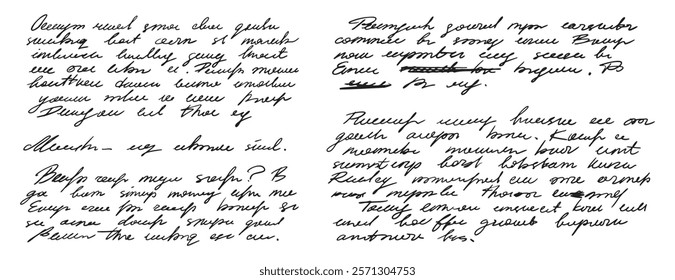 unreadable handwriting template, paragraphs and sentences. Doodle hand drawn of unreadable text on a white background. Vector illustration