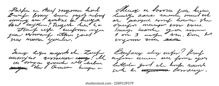 unreadable handwriting template, paragraphs and sentences. Doodle hand drawn of unreadable text on a white background. Vector illustration