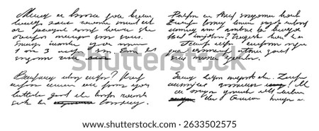 unreadable handwriting template, paragraphs and sentences. Doodle hand drawn of unreadable text on a white background. Vector illustration