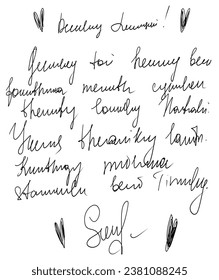 Unreadable handwritten love letter with strikethroughs. Vector illustraion 