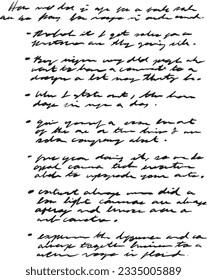 Notas manuscritas ilegibles con puntos en papel blanco de 8,5 x 11 pulgadas. Escritura de tinta negra. Notas escrupulosas en cursiva. Buen ejemplo de la grabación en diario, una entrada de diario o una página de bloc de notas rellena.