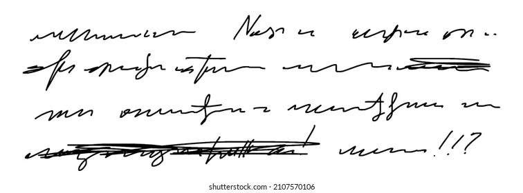Unreadable handwritten text. Sweeping handwriting with crossed out words. Vector illustration of a poetic work written by a pen. Abstract lettering isolated on white background.